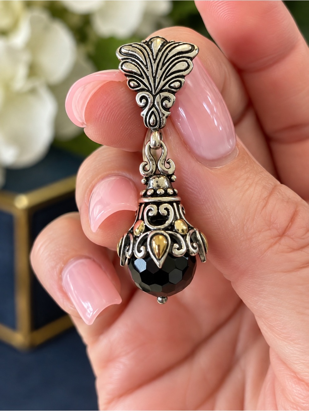 925 Sterling Silver 18K Gold Black Gemstone Bali Style Pendant